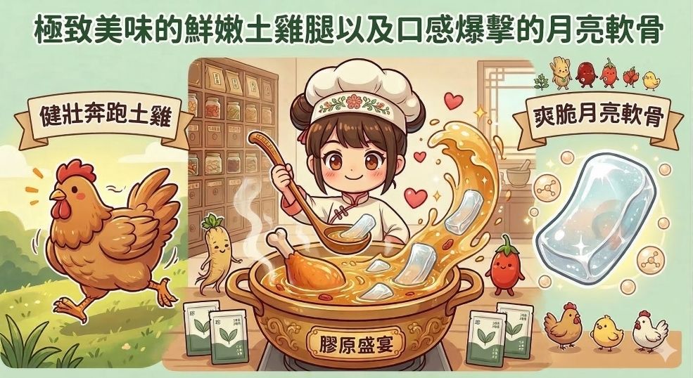蒔補嚴選道地土雞腿以及本土豬的珍貴月亮軟骨,口感鮮嫩脆口