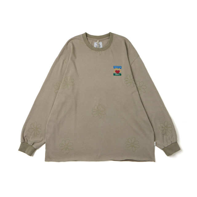 Olive Washed Flowers Pattern LS Tee