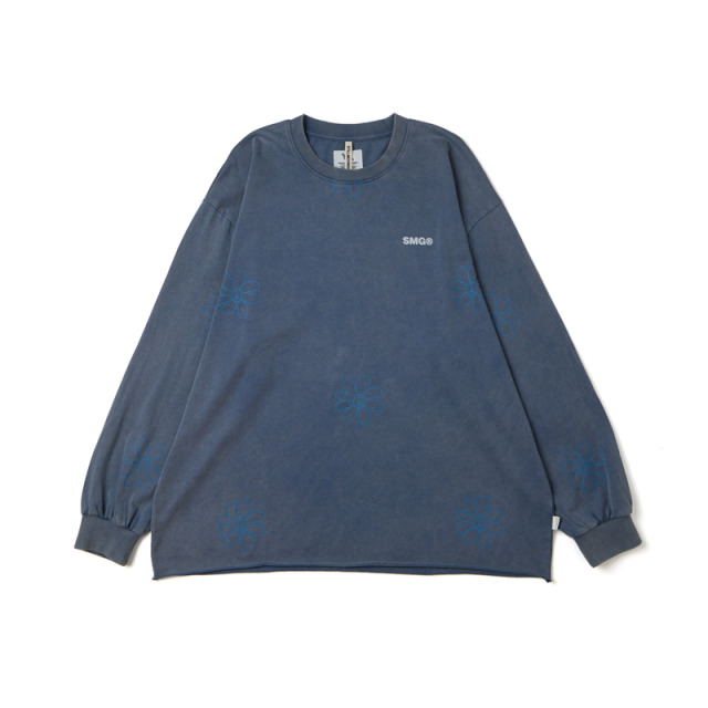 Blue Washed Flowers Pattern LS Tee