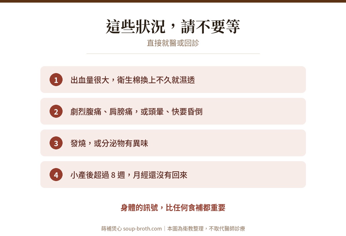 小產後需要立即就醫或回診的四個警訊：出血量大、劇烈腹痛或頭暈、發燒或分泌物異味、超過8週月經未來