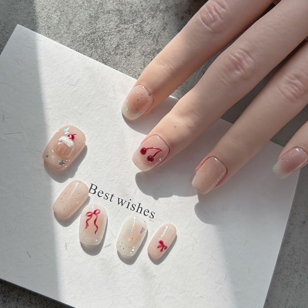 ꒰ 櫻桃果凍 ꒱  // 預購 純手工穿戴甲 Ribbon²