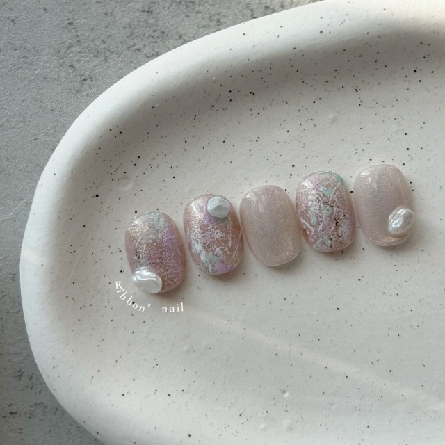 ꒰ 奶霧珍珠 ꒱  // 預購 純手工穿戴甲 Ribbon²