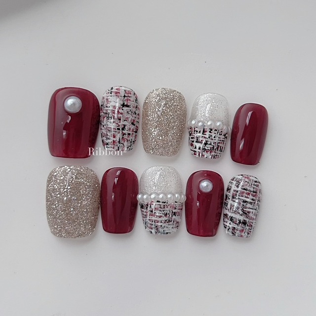 ꒰ 酒紅毛呢 ꒱  // 預購 純手工穿戴甲  Ribbon²