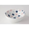日本製造的美濃燒 12cm 貓咪小碗，商品俯拍照片，有粉藍和粉紅的貓咪的童趣圖案