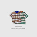 [85-140cm] 復古質感撞色細條紋貼標短袖T恤 #Pyxis 羅盤座
