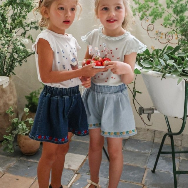 [80-135cm] 玫瑰花刺繡丹寧休閒短褲 #Lyra天琴座