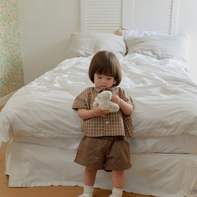 [70-115cm] 英倫格紋撞色口袋短袖襯衫 #Horologium時鐘座