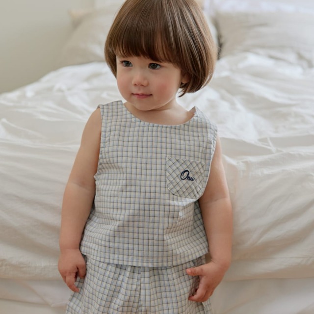 [70-115cm] 經典格紋刺繡口袋無袖背心 #Horologium時鐘座