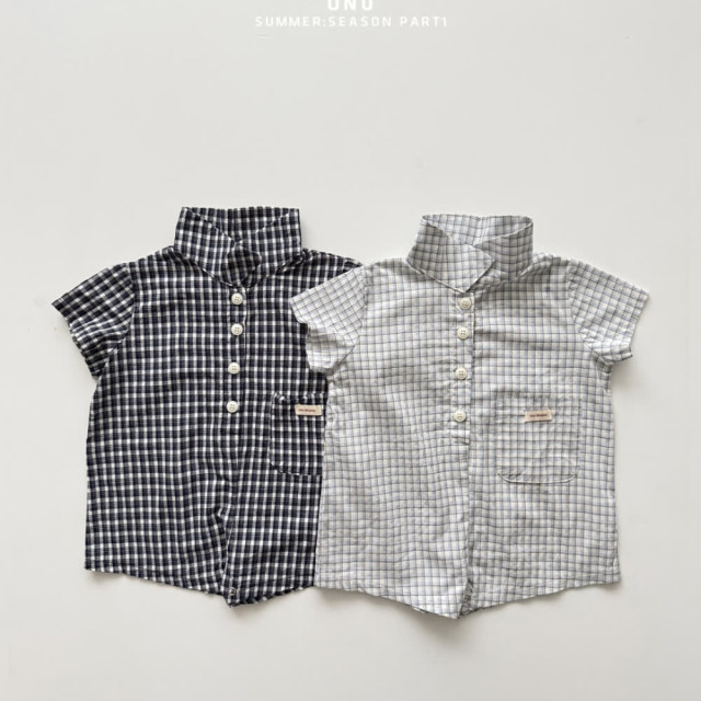 [70-115cm] 文藝格紋立領口袋短袖襯衫 #Horologium時鐘座