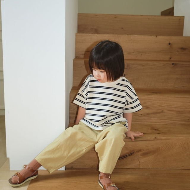 [75-120cm] 質感休閒美式條紋標籤裝飾短袖T恤 #Delphinus海豚座