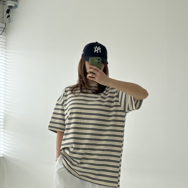 [adult] 質感休閒美式條紋標籤裝飾短袖T恤 #Delphinus海豚座