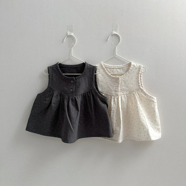 [70-110cm] 甜美碎點高腰抓褶鈕扣無袖上衣 #UrsaMinor小熊座