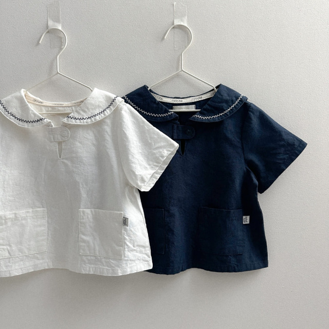 [70-110cm] 質感刺繡波浪領雙口袋短袖襯衫 #UrsaMinor小熊座