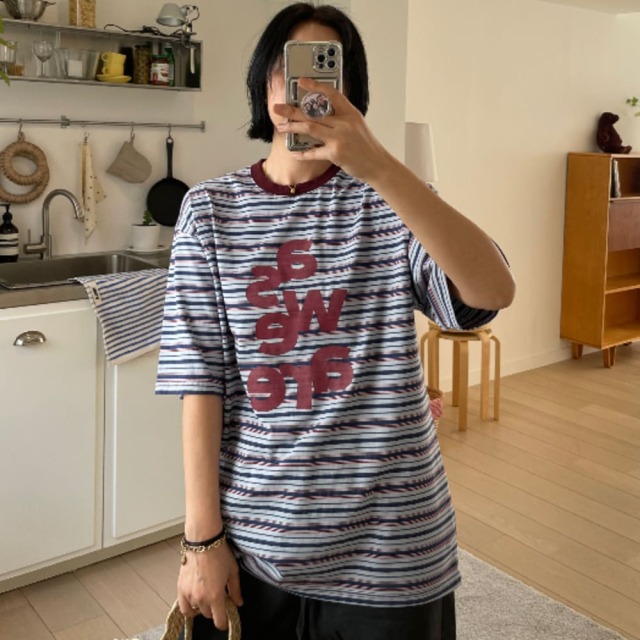 [Adult] 復古字母印花條紋T恤 #Crux南十字座