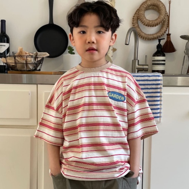 [90-155cm] 復古撞色徽章條紋T恤 #Crux南十字座