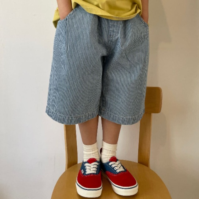 [90-155cm] 復古休閒條紋丹寧短褲 #Crux南十字座