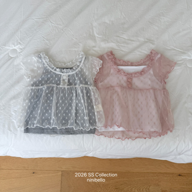 [80-130cm] 夢幻愛心網紗刺繡短袖上衣 #Cygnus天鵝座 (大童)