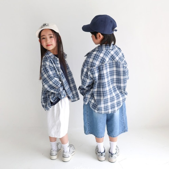 [90-165cm] 復古休閒格紋長袖襯衫 #Gemini雙子座