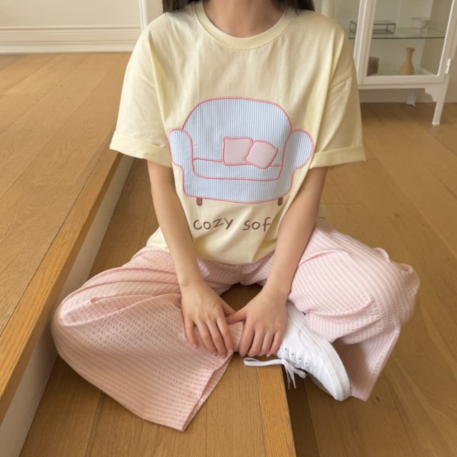 [Adult] 舒適條紋沙發印花短袖T恤 #Cygnus天鵝座