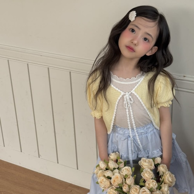 [80-130cm] 浪漫蕾絲滾邊鏤空短袖針織外套 #Cygnus天鵝座