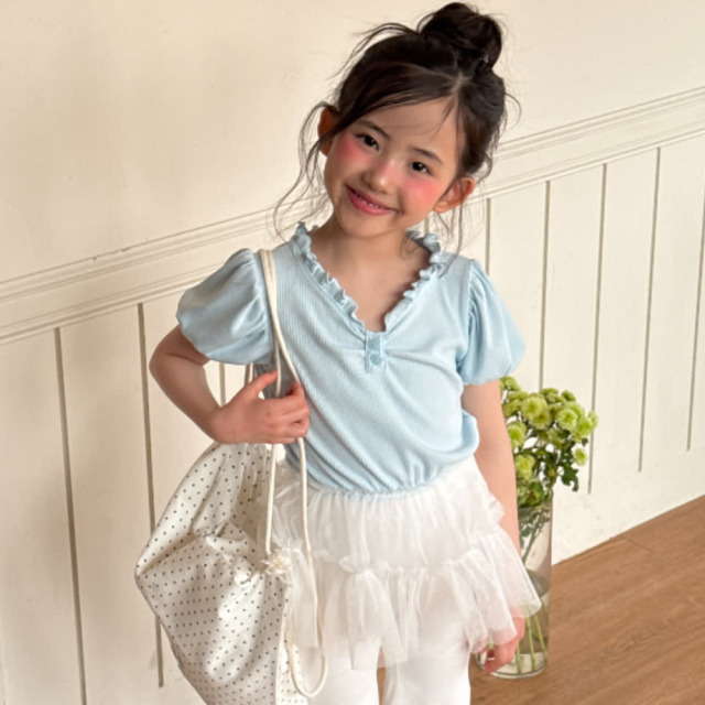 [80-130cm] 甜美木耳邊拼接澎澎紗上衣 #Cygnus天鵝座