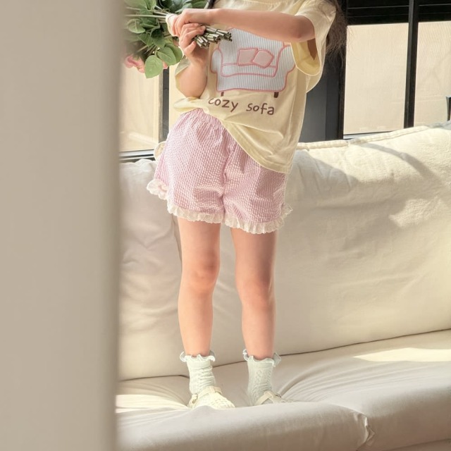 [80-130cm] 清新維希格紋花邊休閒短褲 #Cygnus天鵝座