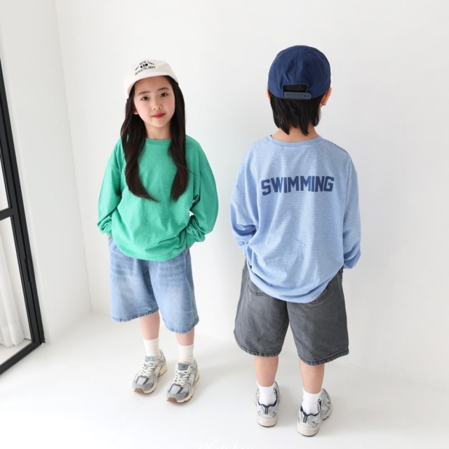 [90-165cm] 清爽細條紋落肩長袖T恤 #Gemini雙子座