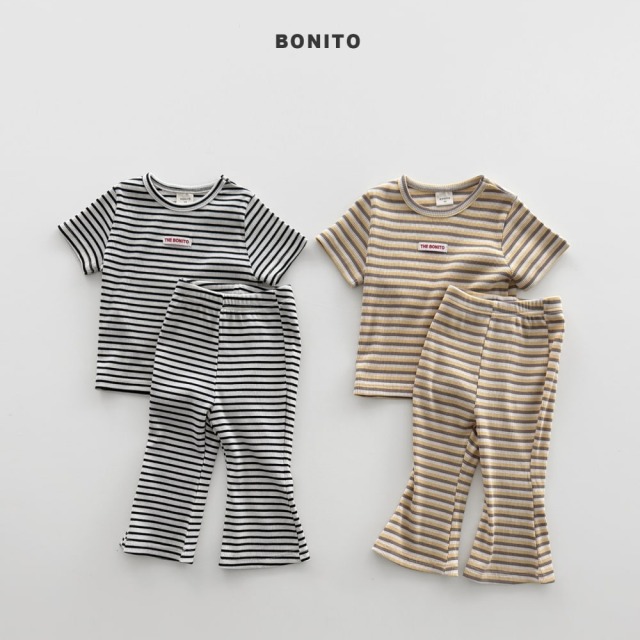 [80-125cm] 經典橫條紋羅紋短袖喇叭褲套裝 #Leo獅子座