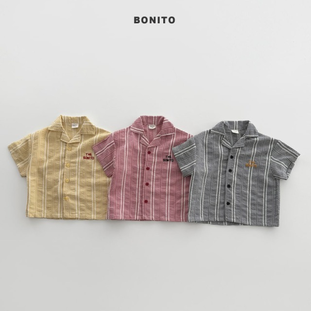 [80-125cm] 韓系清新格紋刺繡短袖襯衫 #Leo獅子座