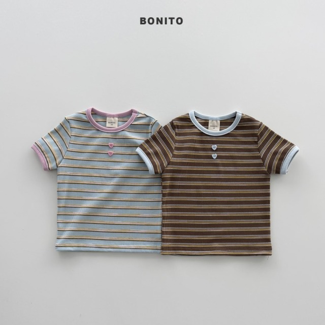 [80-125cm] 甜美愛心鈕扣細條紋短袖T恤 #Leo獅子座