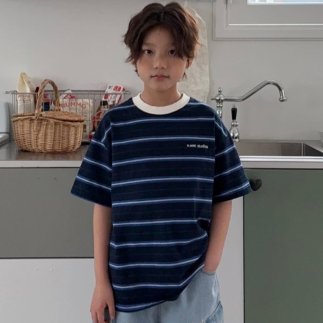 [90-165cm] 質感拼色細條紋短袖T恤 #Eridanus波江座