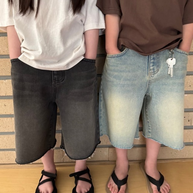 [90-165cm] 復古刷色抽鬚丹寧五分褲 #Cepheus仙王座