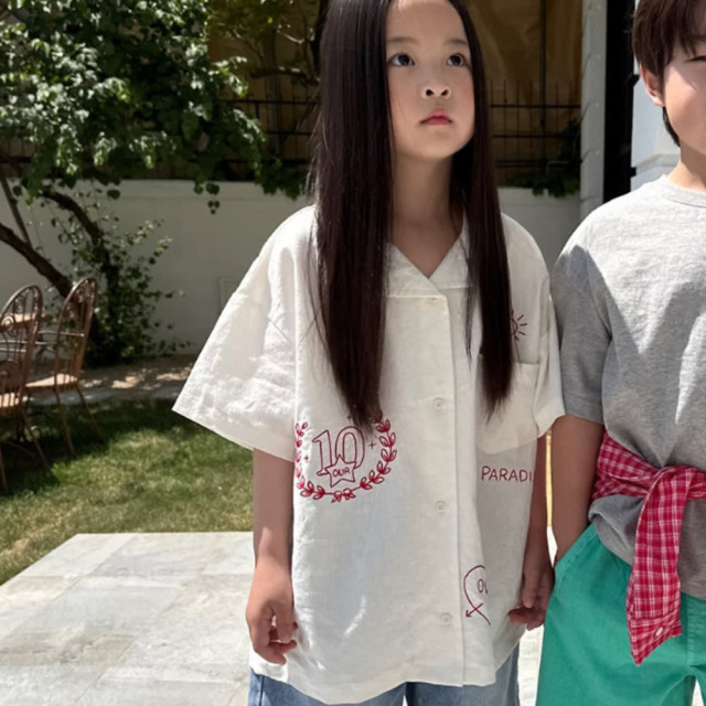 [90-165cm] 韓系童趣刺繡開襟短袖襯衫 #Cepheus仙王座