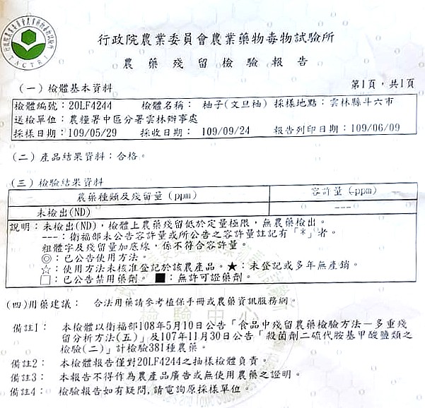 行政院農業委員會 2020 年 5 月百駿農場柚子農藥殘留檢驗報告，結果為未檢出 ND