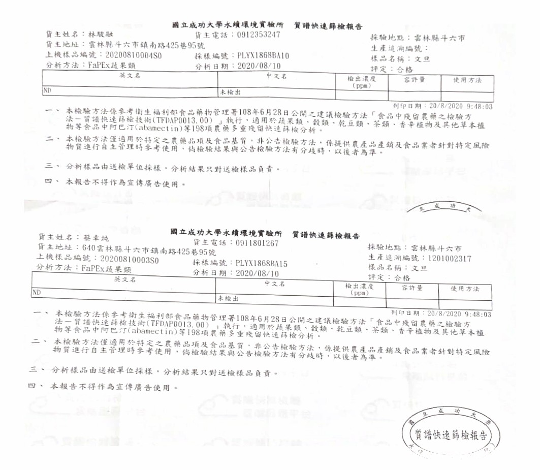 國立成功大學與農委會 2020 年 8 月百駿農場文旦柚 198 項農藥快速篩檢報告，結果為未檢出 ND