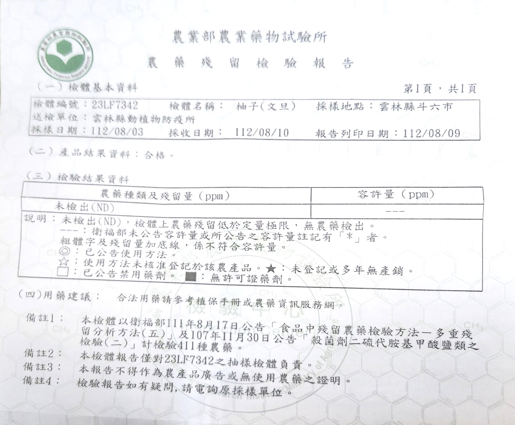 農業部農業藥物試驗所 2023 年百駿農場柚子 411 項農藥殘留檢驗報告，結果為未檢出 ND