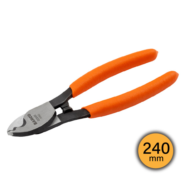 BAHCO 瑞典魚牌 電纜鉗 (PVC握把) 240mm 長度: 240 mm
鉗口長度: 37 mm
重量: 340 g
剪切能力 (銅線): Φ16 mm 2233D-240