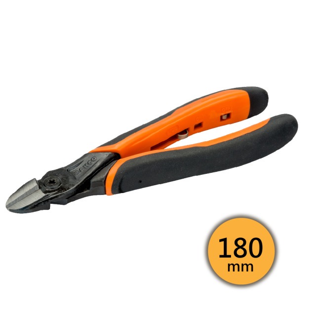 BAHCO 瑞典魚牌 電子斜口鉗 (ERGO™握把) 180mm 長度: 180 mm
鉗口長度: 20 mm
最大開口: 2 mm
重量: 230 g
剪切能力 (銅線): Φ4.0 mm
剪切能力 (鐵線): Φ2.7 mm
剪切能力 (鋼琴線): Φ2.3 mm 2101G-180