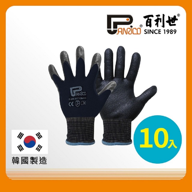 Panrico 百利世 韓國製 P 200加厚型止滑耐磨工作手套 (10入) 7色任選 J GF001 全黑色 J-GF001BK,S J GF001