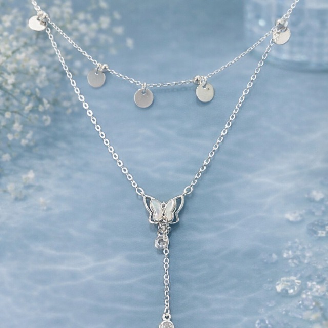 【豐銘嚴選】純銀 雙層流蘇貝母蝴蝶套鍊