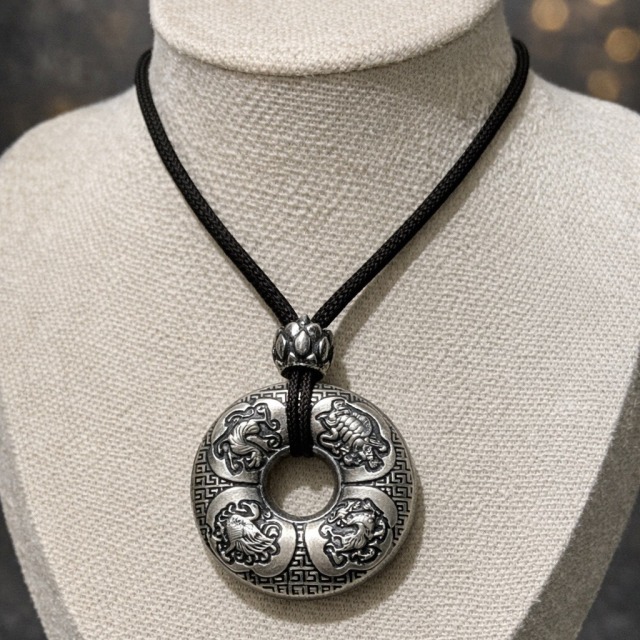 【豐銘嚴選】純銀 綁繩硫化四聖獸平安扣墜