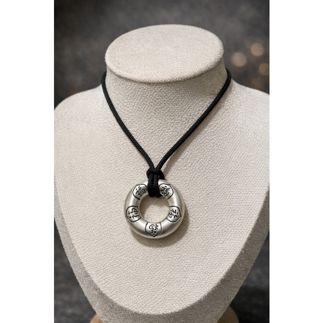 【豐銘嚴選】純銀 綁繩硫化霧面五福臨門平安扣墜