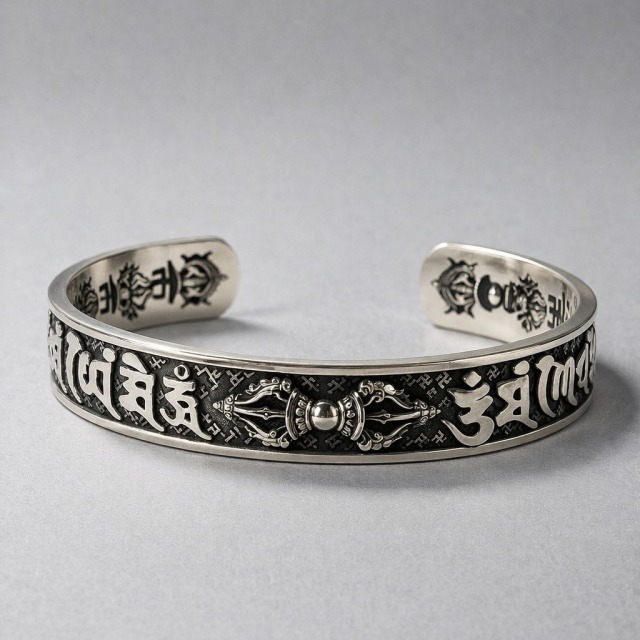 【豐銘嚴選】純銀 金剛杵六字箴言寬版C型手環
