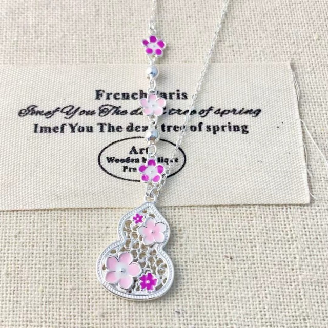 【豐銘嚴選】純銀 粉紫花朵簍空葫蘆套鍊