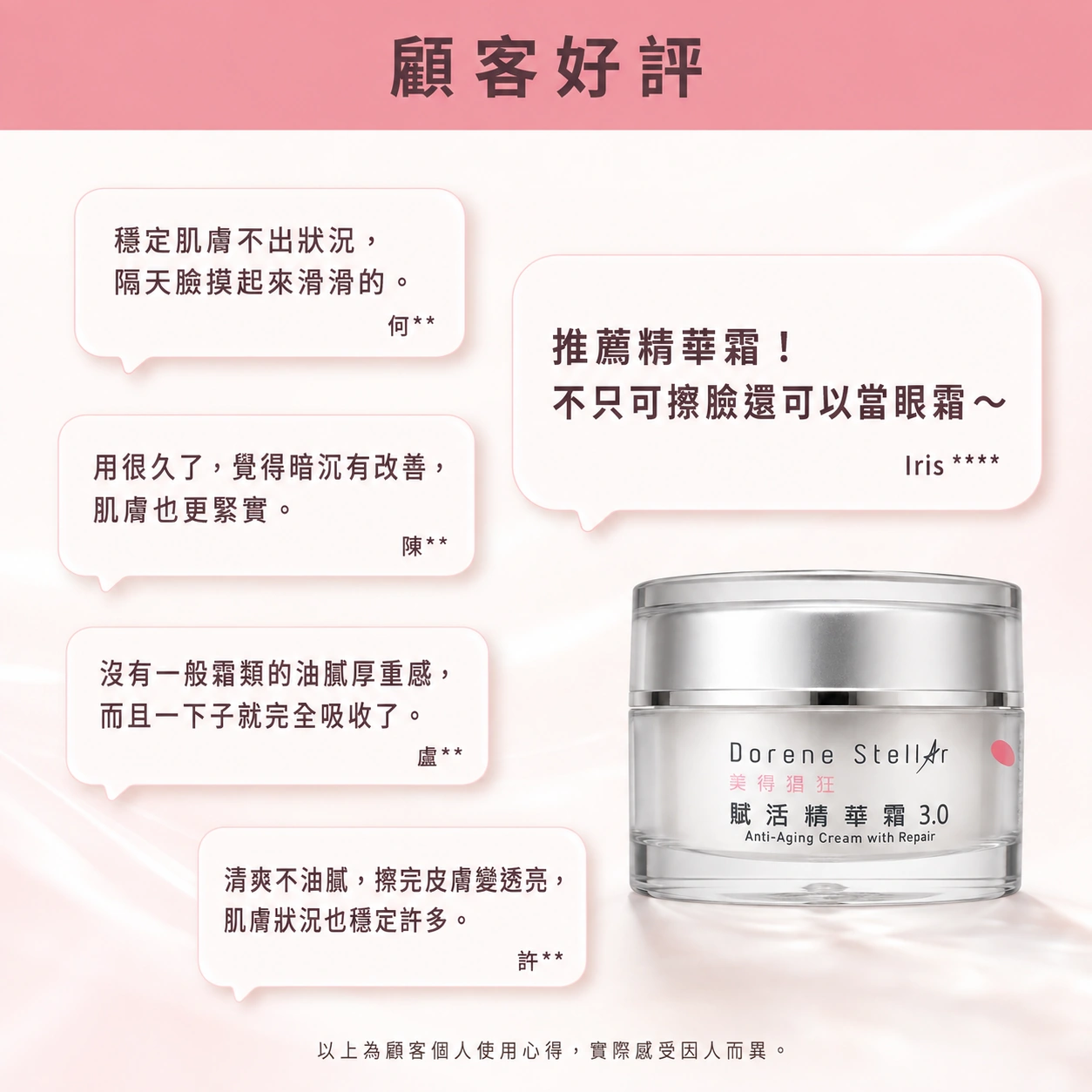 朵韻賦活精華霜顧客好評:穩定肌膚、暗沉改善更緊實、清爽不油膩好吸收,還能當眼霜使用