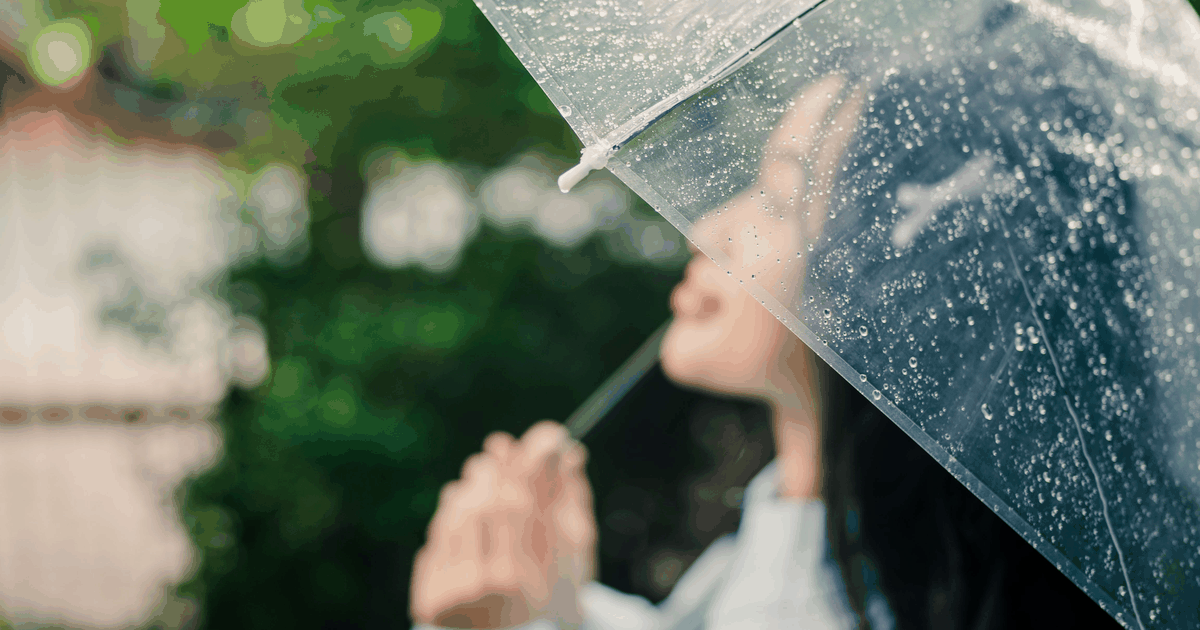 雨天撐著透明傘出門的女性，傘面布滿雨滴
