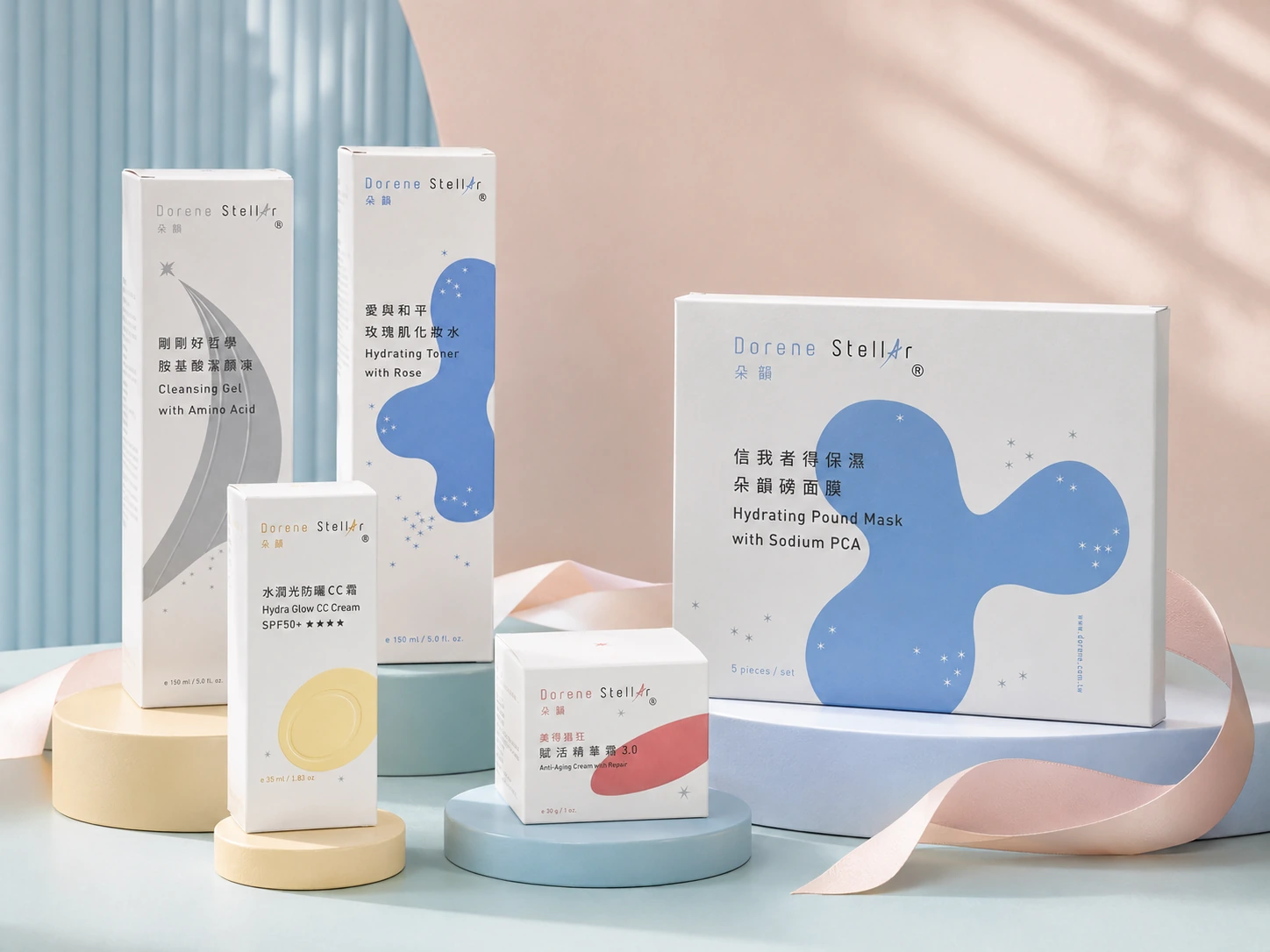 朵韻全系列保養品組圖，含潔顏蜜、化妝水、CC霜、面膜與精華霜