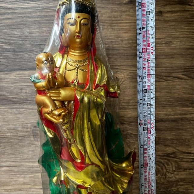 【居家擺飾】49cm 大型漆金送子觀音像 / 居家供奉、求子祈福、工藝擺件 / 品相完整