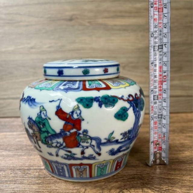 高仿明成化鬥彩人物騎馬紋天字罐 景德鎮手繪做舊瓷器 高級茶倉 中式古典擺件