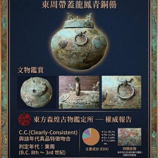 【古董重器】東周/戰國 龍鳳紋青銅缶（重2035g）附元素分析鑑定報告、保真精品